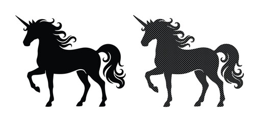 Majestic Unicorn Silhouette Vector Set, two elegant black mythical creatures with flowing manes and tails, fantasy animal graphic resource for magical designs, isolated on white background © Asma