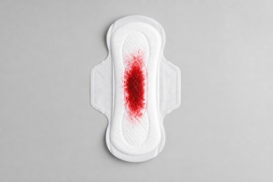 Used sanitary pad with blood stain isolated on gray background