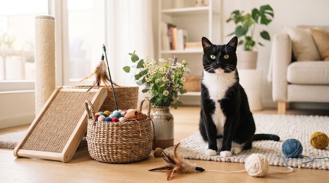 International Cat Day - Elegant black-and-white cat sitting proudly beside a collection of scratching posts, woven baskets and feather toys, accented with fresh flowers and playful yarn balls