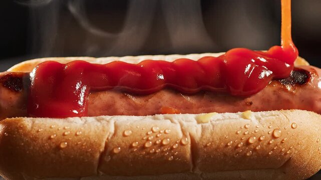 Squeezing Red Tomato Ketchup in a Zigzag Pattern Onto a Fresh Hot Dog