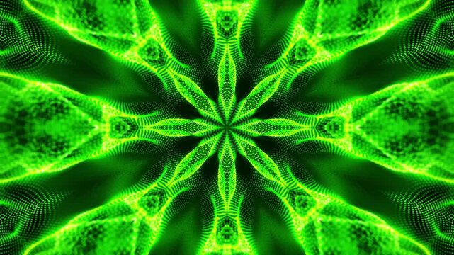 Abstract green glowing particles forming intricate fractal patterns in motion