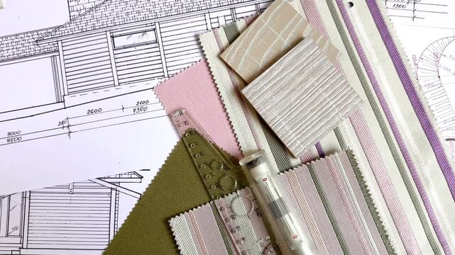 Architectural blueprint with fabric swatches, wood sample and ruler, interior design moodboard, material selection, renovation planning and residential design concept.