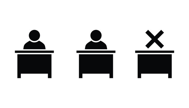 Black and white of people sitting at desks with one marked with an X vector illustration isolated on white background
