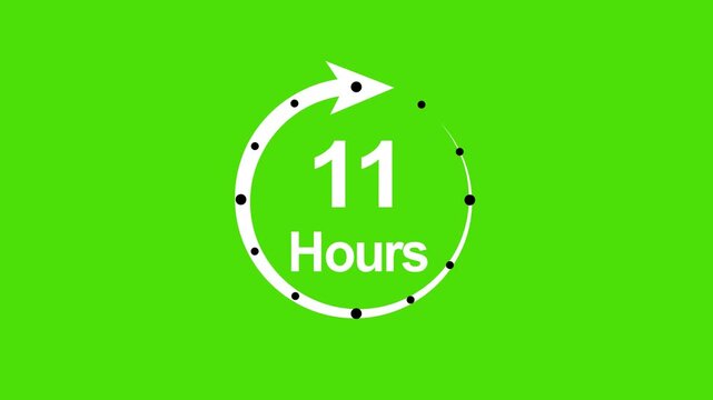 11 hours countdown timer animation with circular progress arrow on green screen for easy chroma key compositing and editing projects