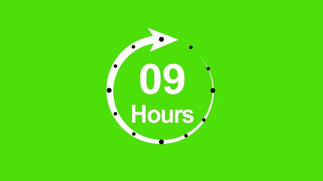 9 hours countdown timer animation with circular progress arrow on green screen for easy chroma key compositing and motion projects