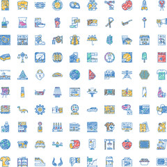 Fototapeta premium Large collection of diverse hand drawn style icons communicating various concepts including technology, nature, food, tools, and everyday objects, all rendered with a vibrant, playful aesthetic