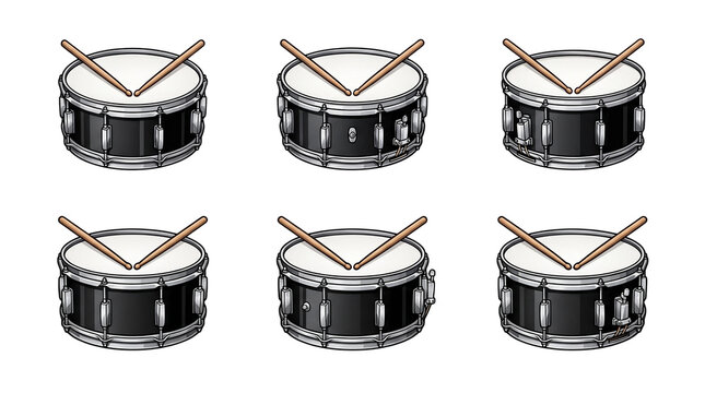 Set of realistic black snare drums with wooden drumsticks in various positions including top view and angled views for professional percussion music production isolated as a graphic on transparent bac
