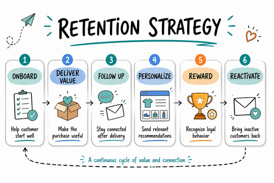 A diagram illustrates a six-step customer retention strategy cycle: Onboard, Deliver Value, Follow Up, Personalize, Reward, and Reactivate.