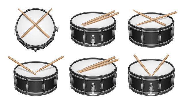 Set of realistic black snare drums with wooden drumsticks in various positions including top view and angled views for professional percussion music production isolated as a graphic on transparent bac