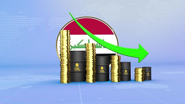 Iraq Oil Prices Decline with Oil Barrels, Gold Coins and Downward Green Arrow, 3D Economic and Financial Market Concept