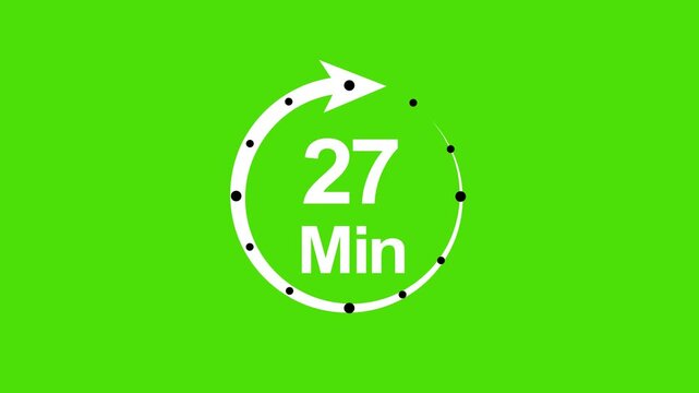 27 minute countdown timer with circular progress arrow on green screen background, clock