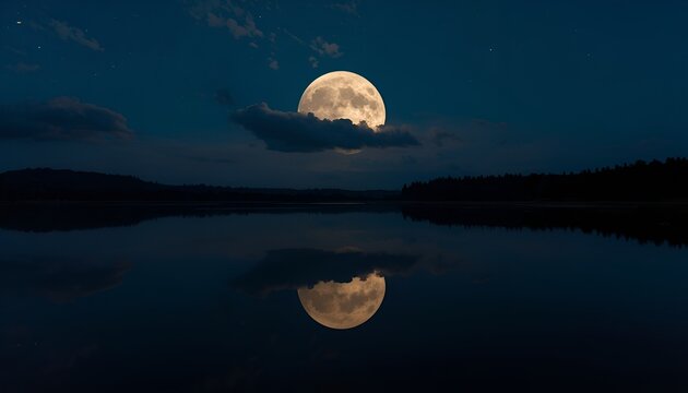 Beautiful Night Landscape with Half Cloudy Moon Reflection on Calm Water Under a Starry Sky