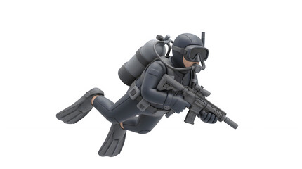 Fototapeta premium Stylized 3D Tactical Frogman Scuba Diver with Assault Rifle