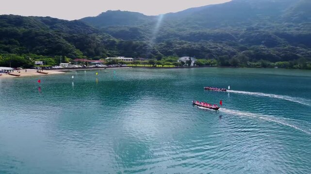 Aerial Drone Close View of Traditional Boat Race in Okinawa, Japan