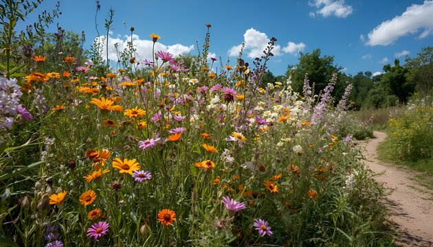 Vibrant wildflower garden with colorful blooming flowers, lush green foliage, winding paths, blue sky and peaceful natural landscape in spring and summer