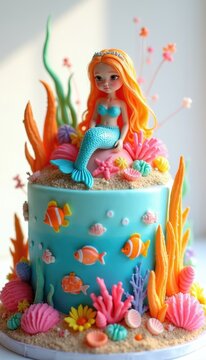 Custom cake with mermaid topper sitting on sandy coral reef beach. Colorful fondant sea life fish shells, plants decorate round dessert. Creative edible birthday party treat for kids celebration.