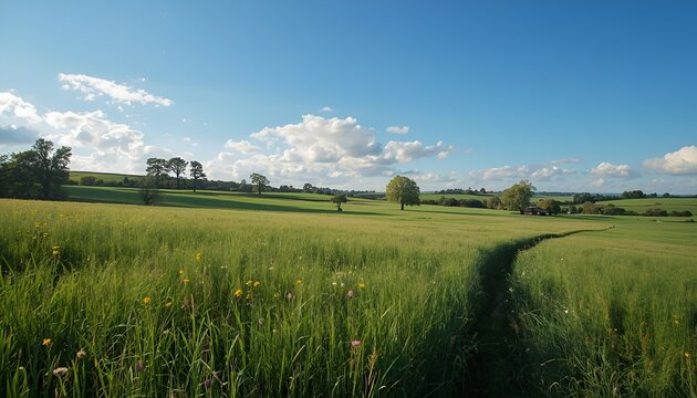 Serene rural countryside landscape with lush green meadow, rolling hills, colorful wildflowers, winding dirt path, farmhouse and sunny blue sky