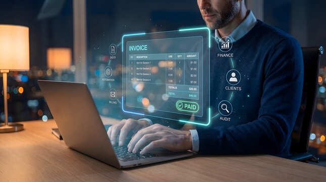 Digital invoice automation concept featuring financial analyst managing virtual billing dashboard for enterprise accounting compliance