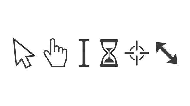 Set of six essential computer mouse cursor icons featuring a pointer hand grab text select crosshair and loading spinner design elements displayed in a clean minimalist style on transparent background