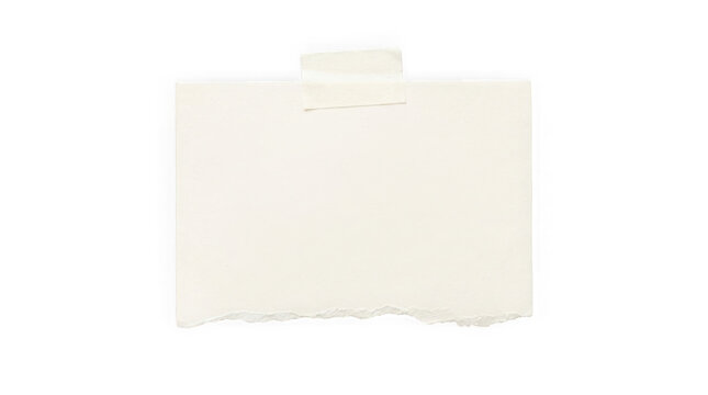 Blank piece of offwhite paper with a torn edge and adhesive tape isolated on transparent background