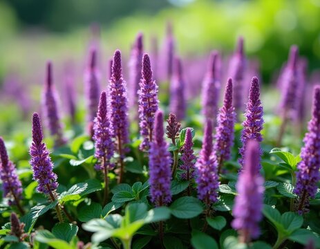 Field of purple flowering bugleweed plants with green leaves. These perennial herbs grow low to ground, forming dense mats. Popular for garden ground cover and landscaping.