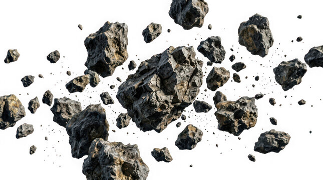 Group of asteroids or meteorites floating in space isolated on transparent background