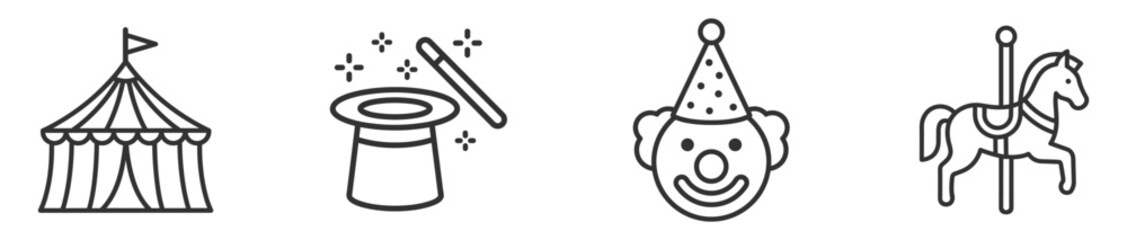 circus tent top hat magic wand clown face and carousel horse line icons set on transparent background © gerik_a