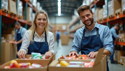 Fototapeta premium Man, woman pack food products into brown cardboard boxes at warehouse. Smiling workers wear aprons in distribution center. People prepare grocery parcels for shipping. Shelves with goods visible in