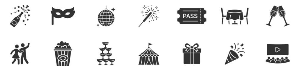 party celebration icons set with champagne bottle mask disco ball sparkler ticket dining glasses dancing popcorn glasses fountain tent gift cone and movie screen on transparent background © gerik_a