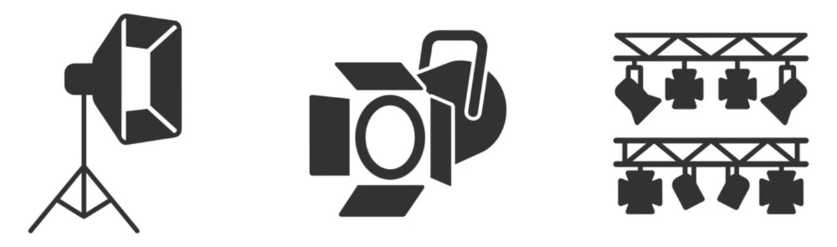 studio lighting equipment icons set with softbox spotlight and theatrical stage lights on transparent background