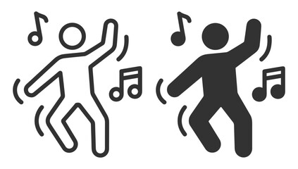 dancing person icon set in outline and solid styles with music notes on transparent background