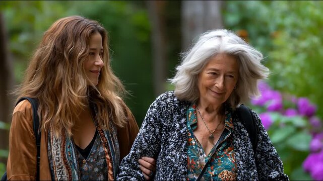 Two women from different generations walk together in the garden  providing a touching backdrop to themes of family  caring for the elderly and intergenerational bonds.