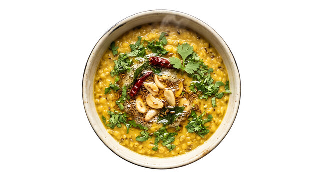 Yellow lentil daal with sizzling garlic and cumin tempering, garnished with coriander, isolated on transparent background