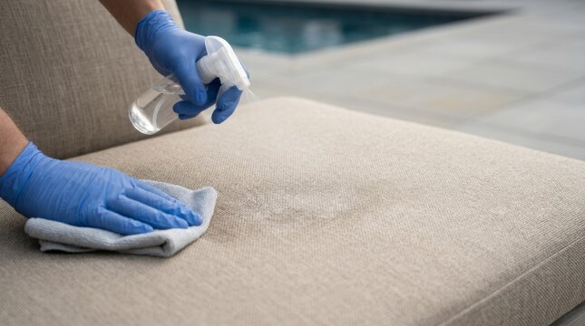 Person in blue gloves cleaning outdoor patio furniture with spray bottle and cloth after a party by the swimming pool
