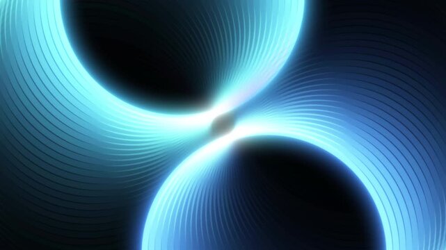 Looping animation of glowing blue neon concentric circles spinning like a double vortex or infinity tunnel on a black background, perfect for VJ concert visuals
