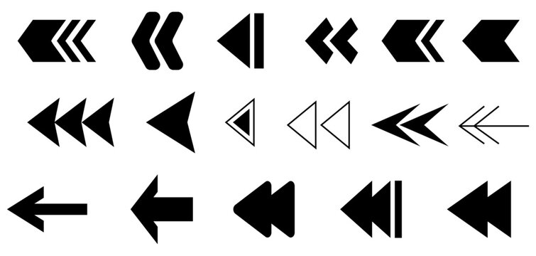 Collection of black arrow with transparent background, direction left rewind