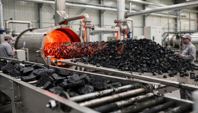 Medium shot focusing on granular activated carbon production showing detailed coal transformation aimed at efficient filtration applications.