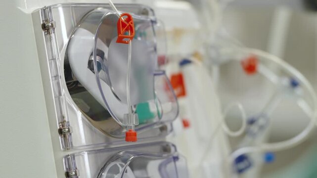 Transparent pump housings and fluid connectors on a running hemodialysis machine with soft focus tubing in the background.