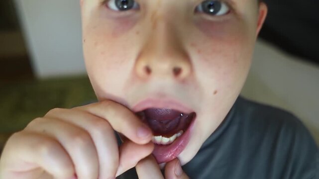 A 10-year-old boy shows a fresh empty socket in his lower jaw after losing a baby tooth. He holds the shed milk tooth in his hand, highlighting natural childhood development and dental growth.