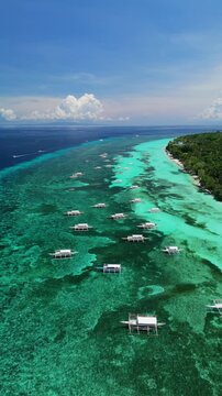 Vertical drone flies over outrigger boats and ascends to reveal Dumaluan Beach, coral reef, and turquoise water in Panglao