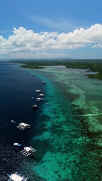 Vertical drone flies over boats along Doljo Beach, showing coral reef, turquoise shallows, and deep blue water in Panglao