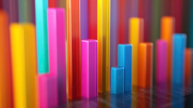 3D bar graph shows projected investment returns over time. Taller bars represent higher future profit, return rates. Visual presentation of financial data for business use. Colorful bars showcase