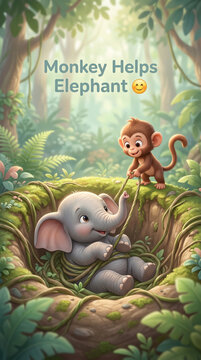 Cute baby elephant inside deep pit rescued by friendly little monkey 3d illustration
