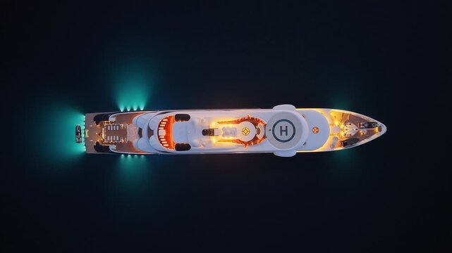 Aerial top down view of Al Mirqab luxury superyacht illuminated at night in Corfu island, Greece. Drone shot of mega yacht with helipad and underwater lights in Mediterranean sea lifestyle.