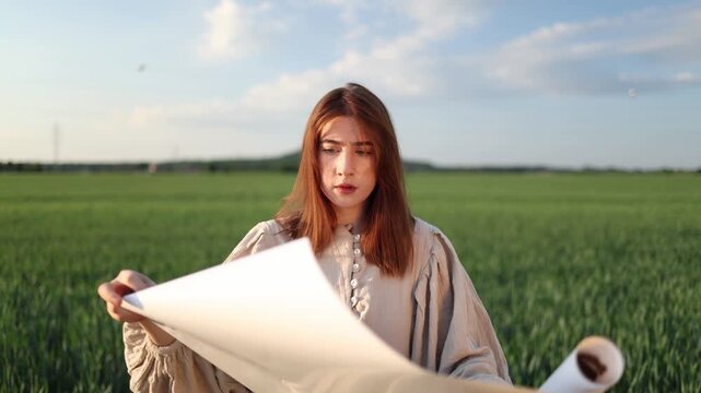 Young woman studies a world map with growing concern realizing that wars climate disasters and global crises are changing the future of humanity forever