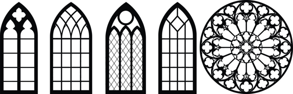 Gothic window silhouettes and rose window black vector illustration
