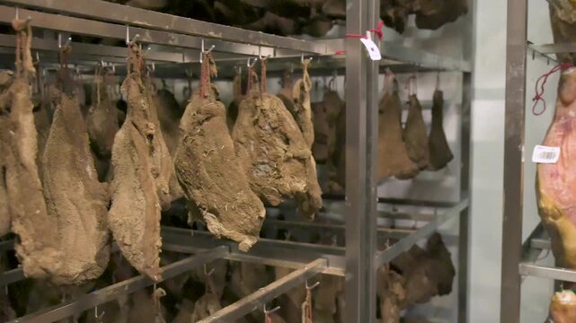 Lateral camera pan revealing rows of spice-coated guanciale jowls and cured ham legs aging on steel racks inside an industrial facility