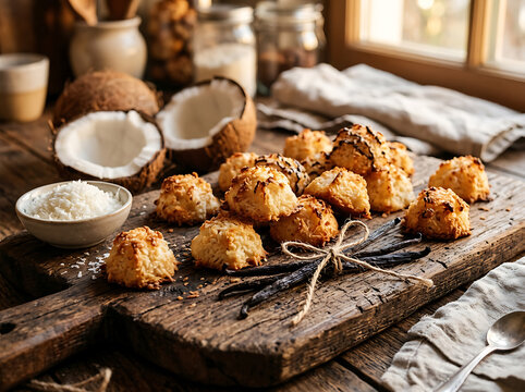 Delicious homemade coconut macaroons with fresh coconuts and vanilla beans on a rustic wooden board.