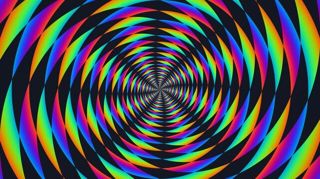 This design features a spiral pattern with bright colors. The lines create a sense of movement and depth. The background is dark, enhancing the color contrast
