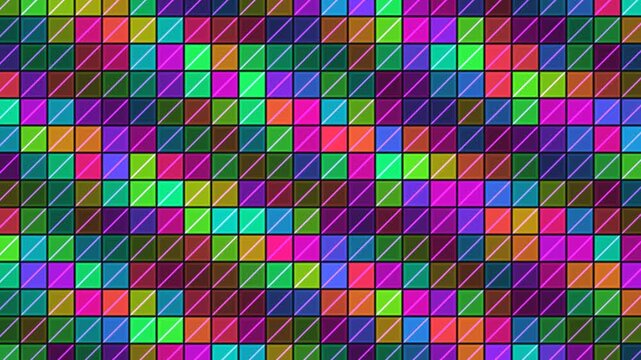 Small squares create a vibrant geometric pattern with various colors. The design features a mix of bright shades arranged in a grid, showcasing different hues and tones